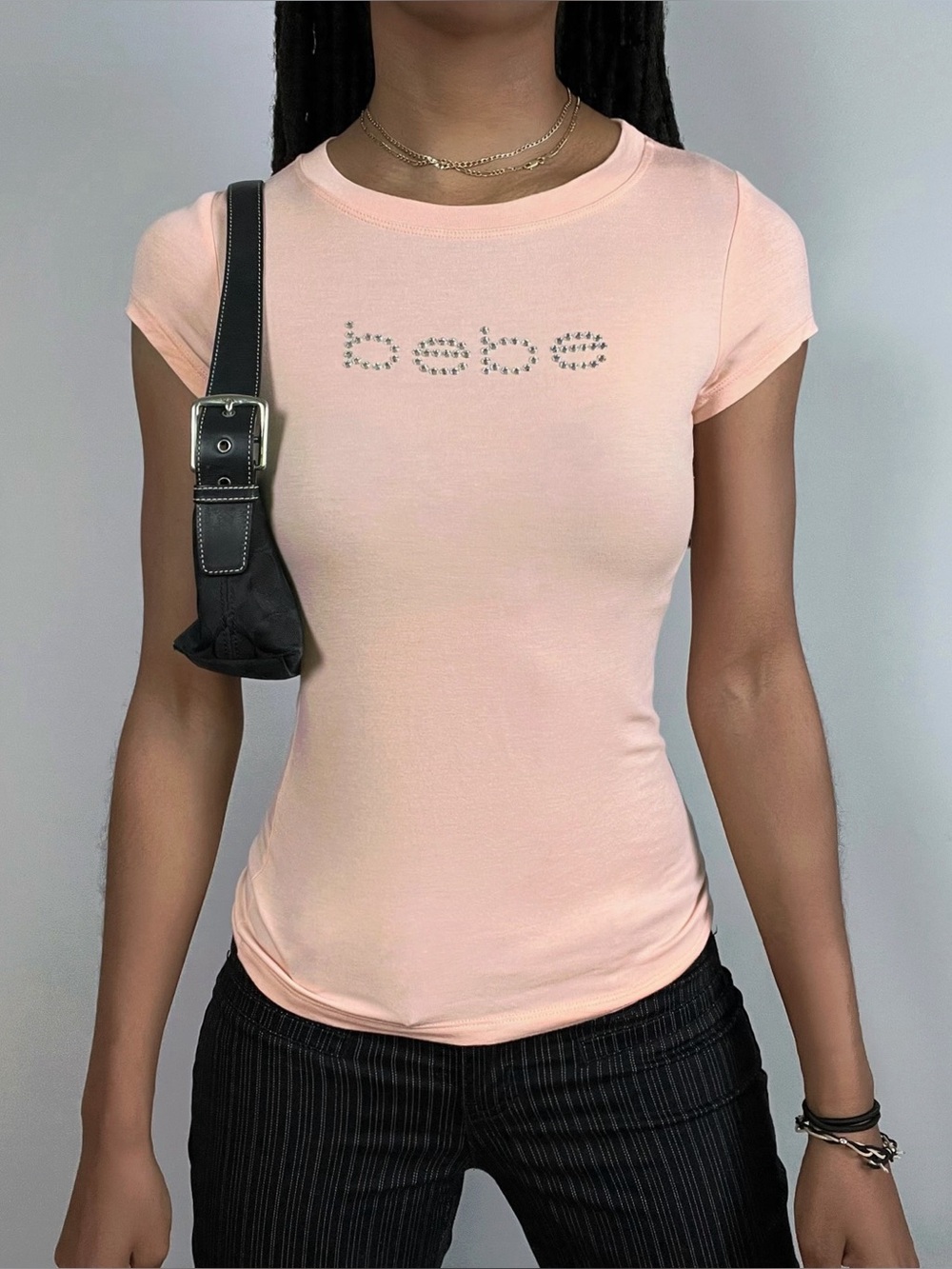 Bebe Rhinestone Logo Short Sleeve Babydoll T Shirt Top Y2K Vintage Baby Tee